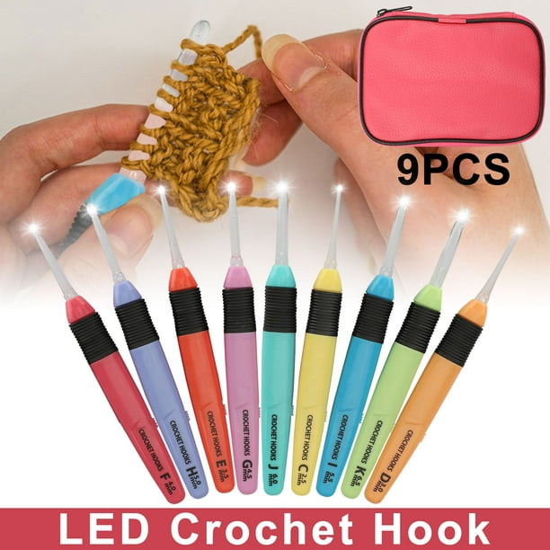 9pcs LED Light Up Crochet Hook Knitting Needles Craft Set Kit Weave Sewing Tool